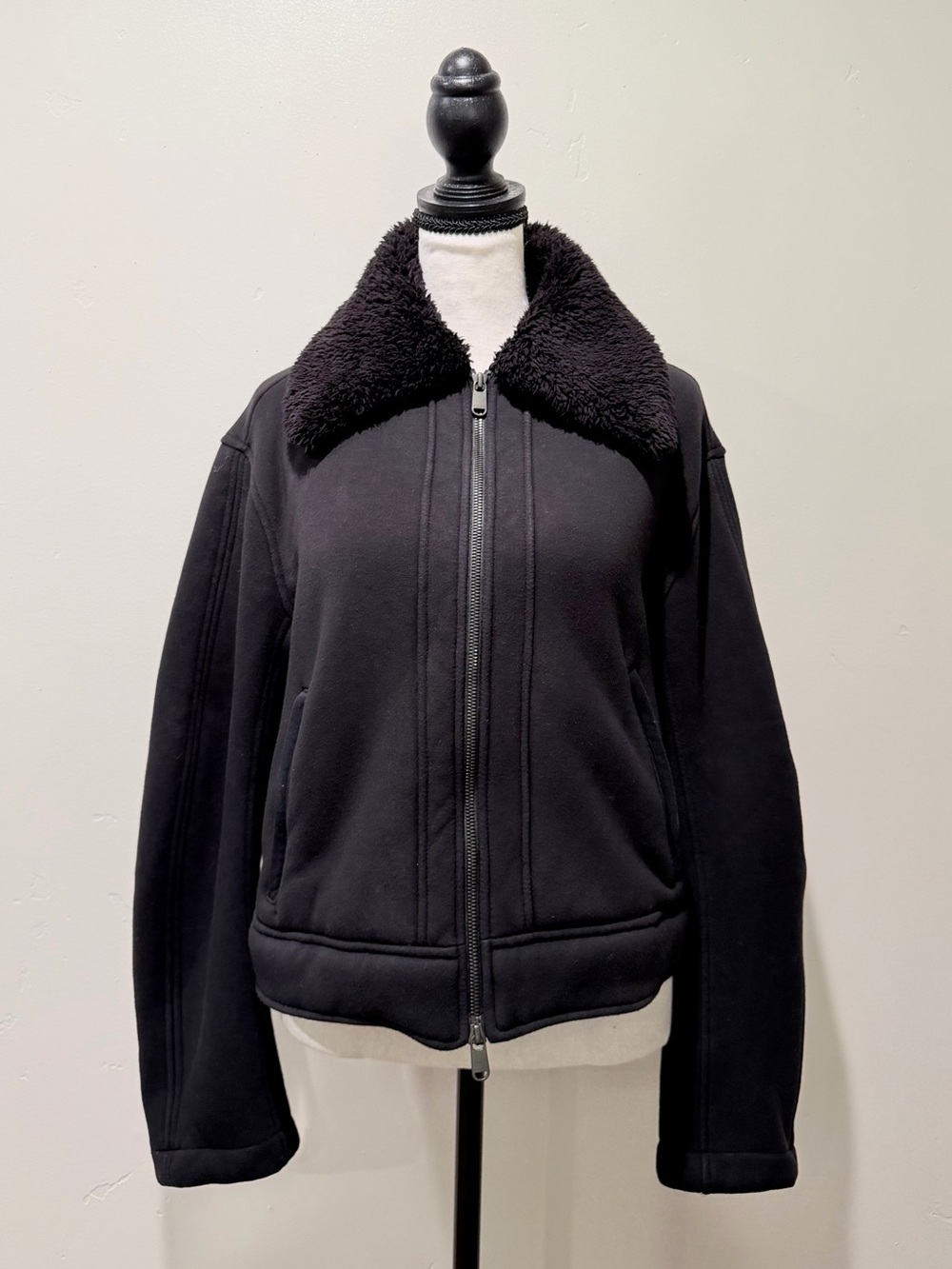 Athleta Black Bomber Jacket with Faux Shearling Collar